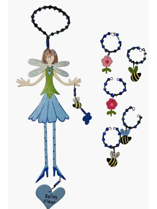 Care & Wonder Other - Whimsical Wooden Fairy Wine Bottle Charm Set Bee Flower Wine Glass Markers